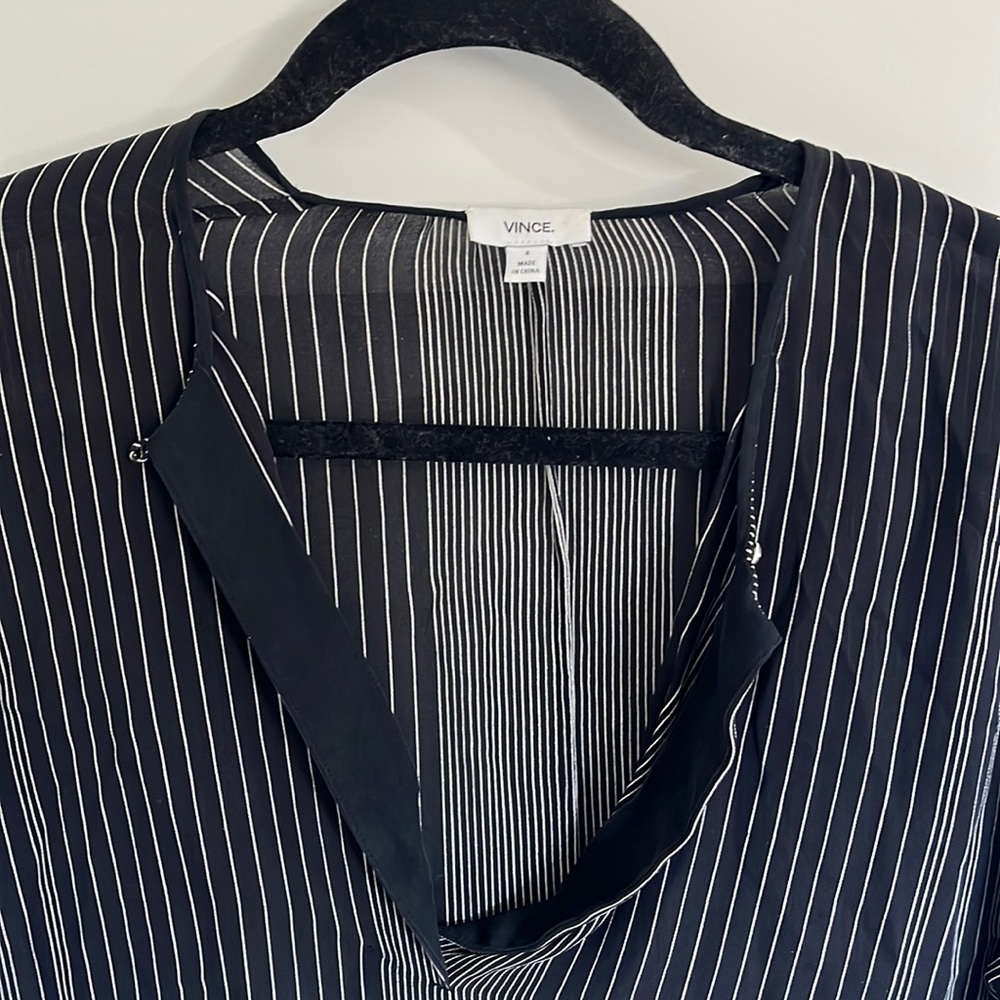 Vince Black and White Pinstripe Oversized Silk Top